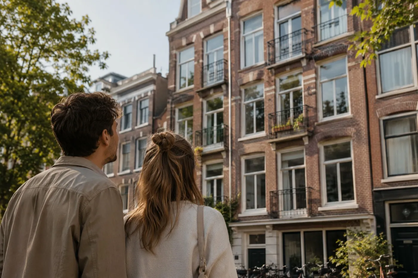 Stel bekijkt een woning in de stad